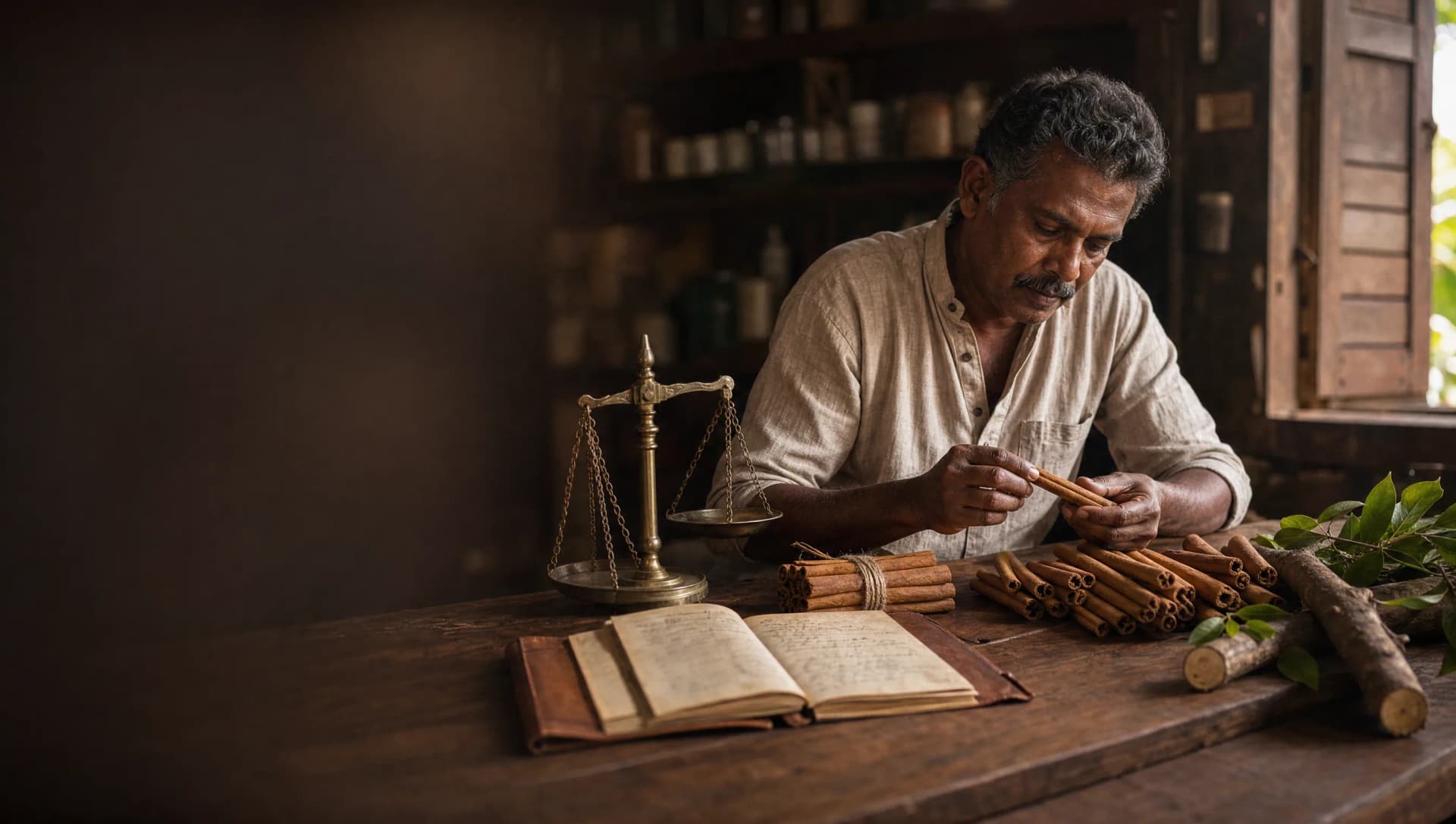 Sri Lankan spice craftsman's workshop — cinnamon, ledger, brass scale on a wooden bench