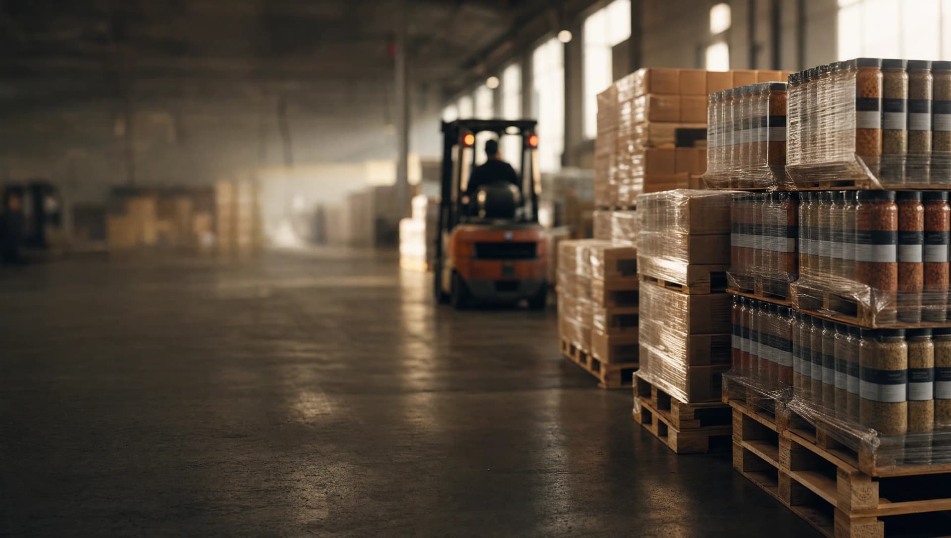 UK distribution warehouse with stacked spice pallets
