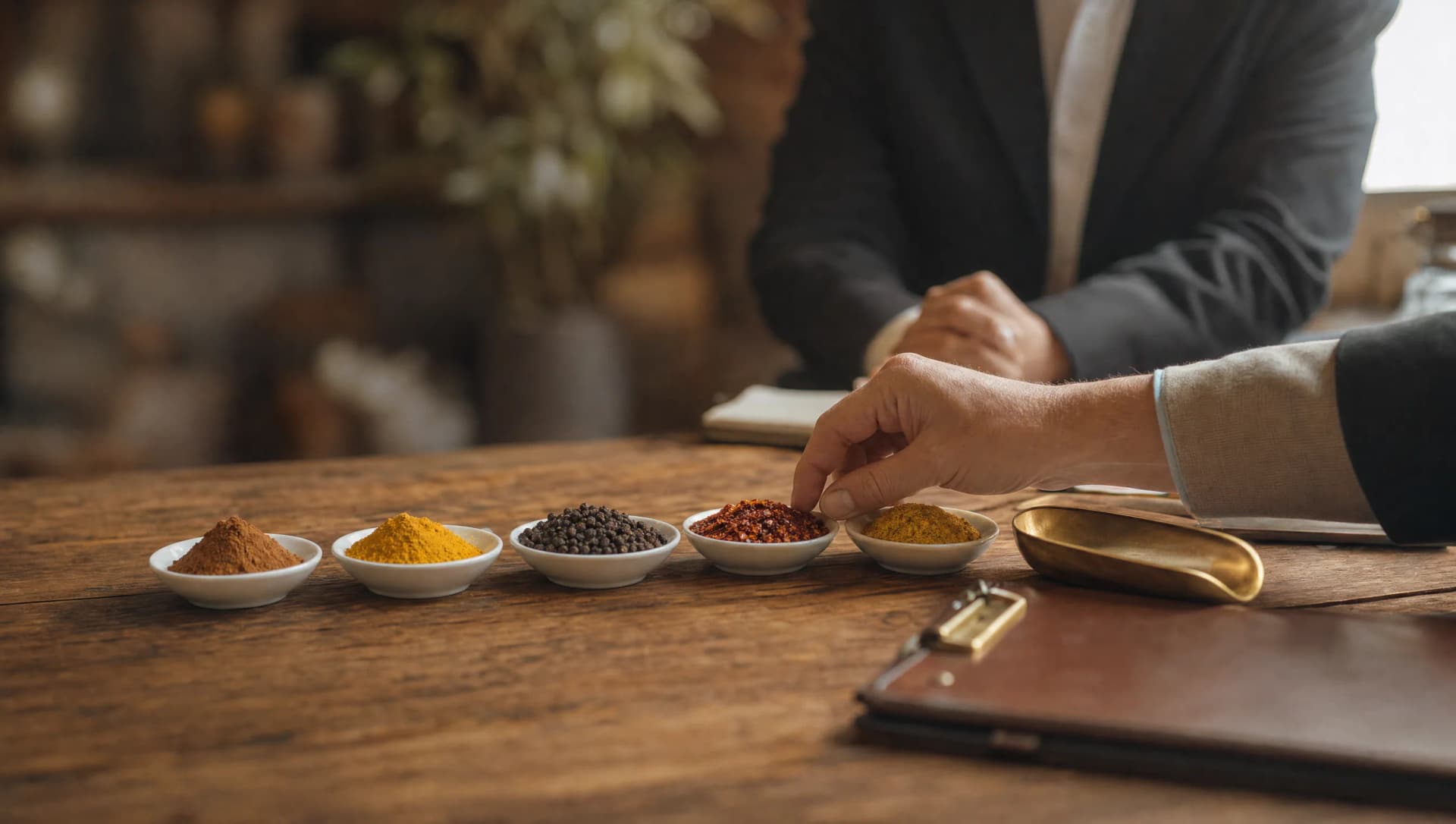 B2B trade-counter scene with spice samples and a buyer's clipboard
