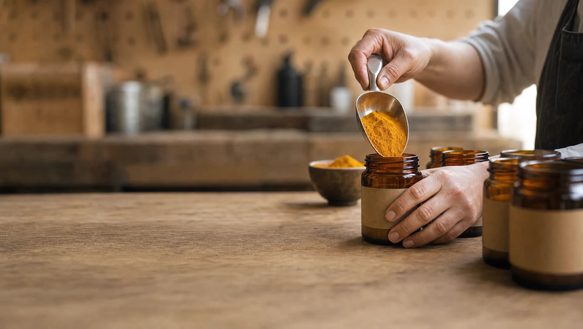 Unbranded amber glass jars with kraft labels being filled with golden turmeric