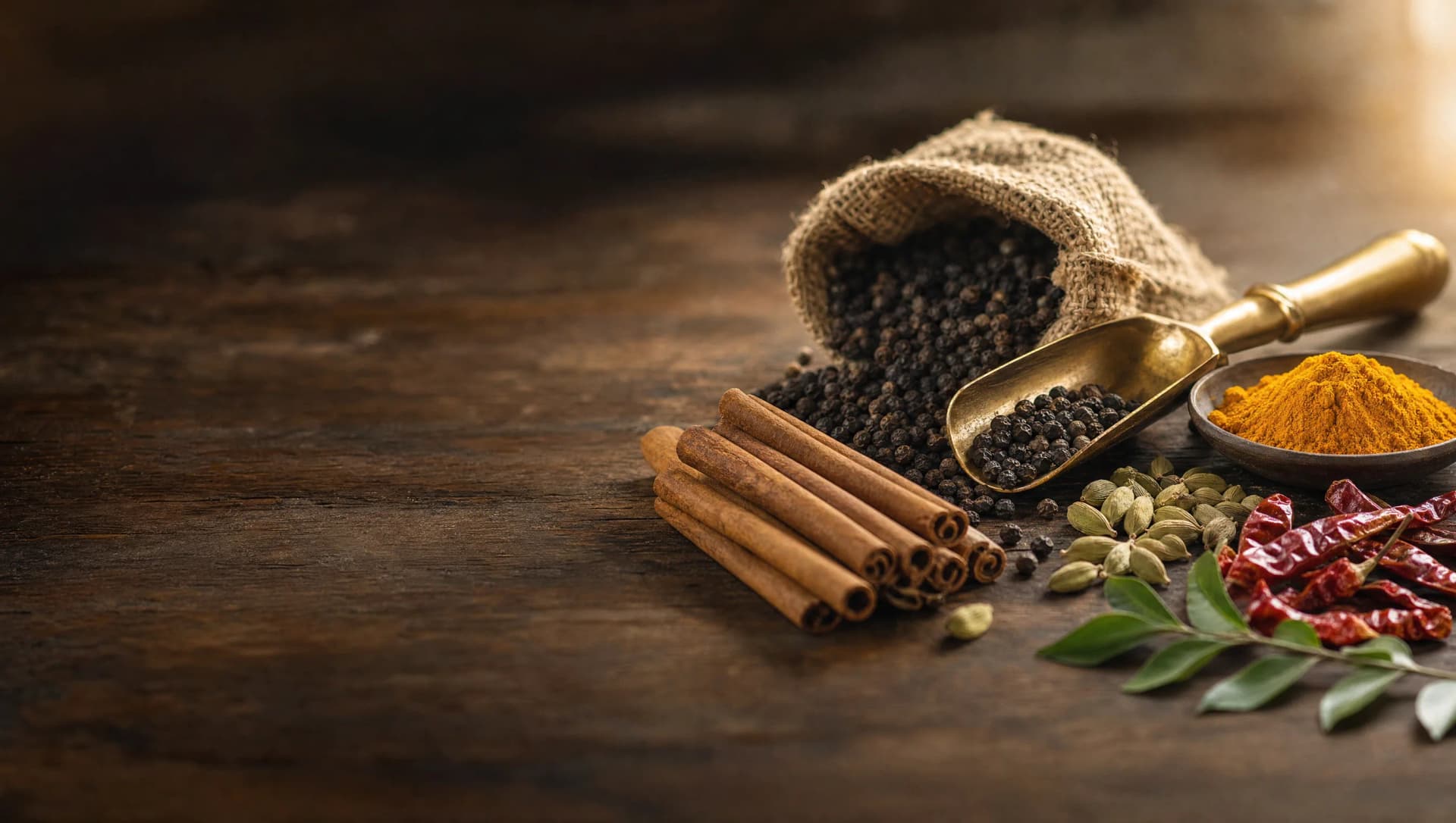 Premium Sri Lankan spice tableau on warm wooden surface