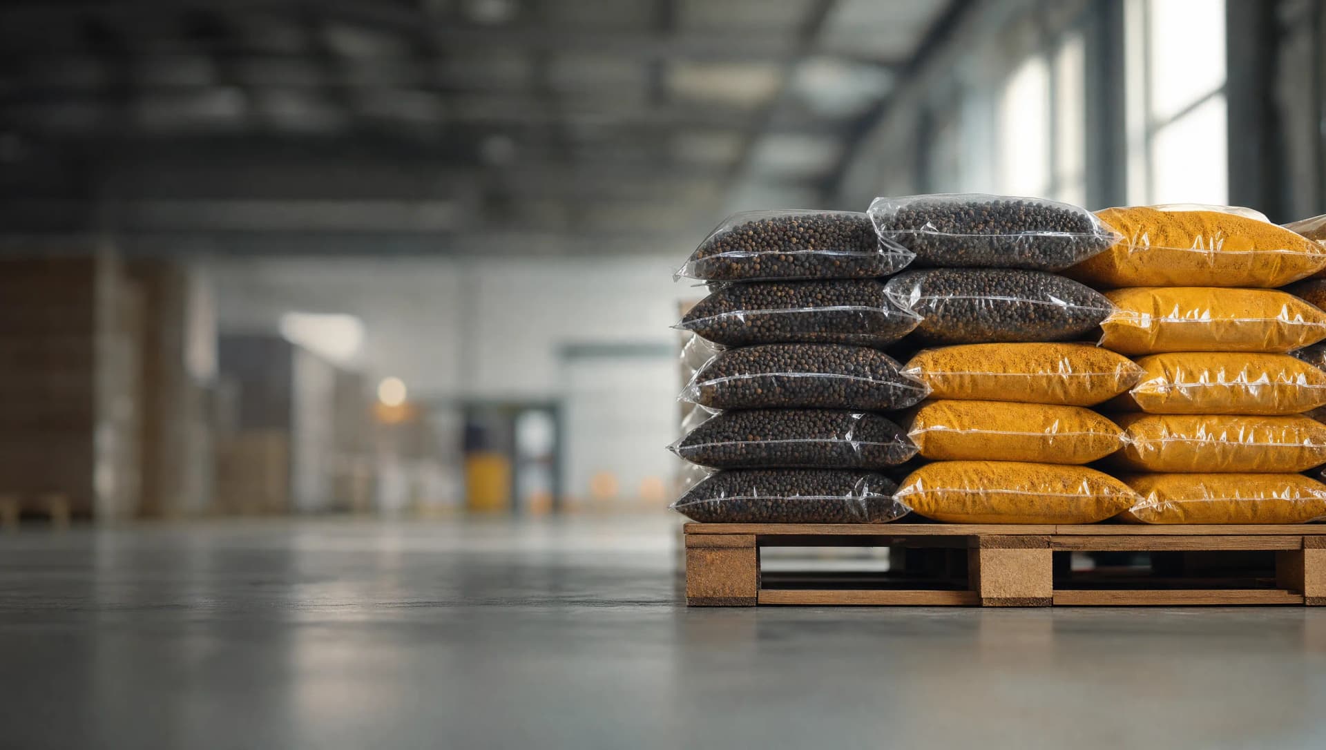 Bulk vacuum-sealed spice packs on a wooden pallet inside a UK distribution warehouse