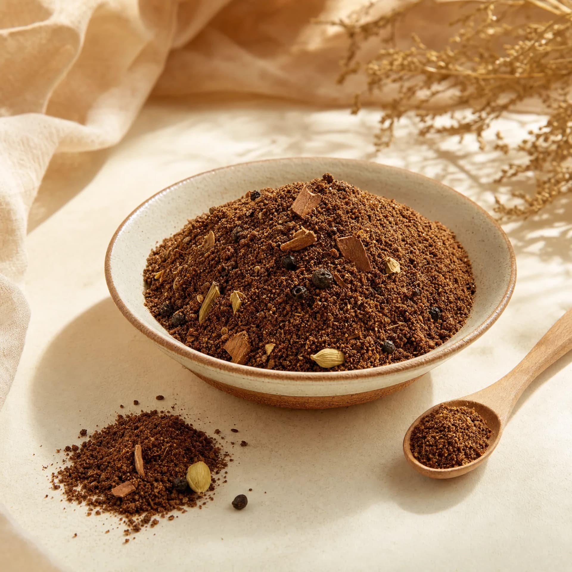 Dark-roasted Sri Lankan curry powder with whole spice fragments